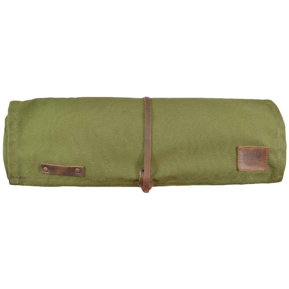 Hide & Drink's Knife Roll (10 Pockets) opened with knife measurements indicated, showing off a design crafted from sturdy water resistant canvas and full grain leather. This handmade travel knife case is ideal for passionate chefs, emphasizing artisan craftsmanship from La Antigua Guatemala & Oaxaca Mexico.