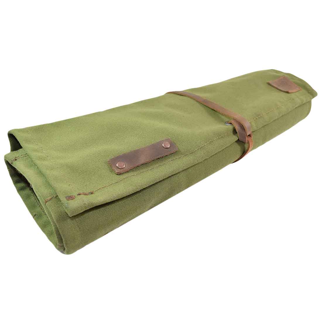 Hide & Drink's Knife Roll (10 Pockets) shown flat with pockets visible, constructed from high-quality waxed canvas and full grain leather. This all purpose knife roll is perfect for storage and travel, highlighting small batch production and artisan quality from La Antigua Guatemala & Oaxaca Mexico.