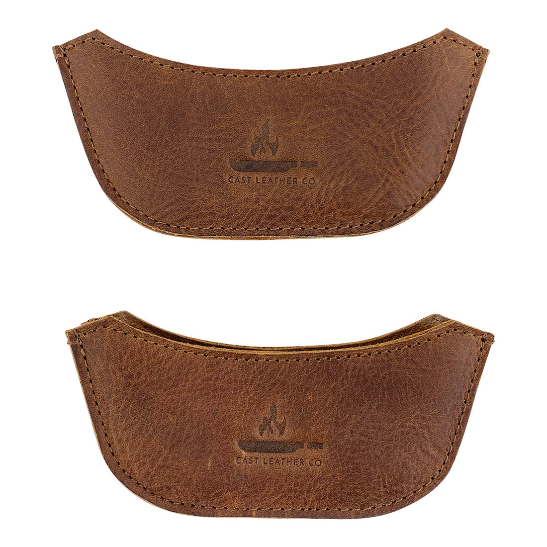 Stylish set of 2 leather handle covers for wok from Cast Leather Co., perfect for enhancing your cooking experience with the Wok Sidekick. This rustic sidekick cooking accessory is made from durable full grain leather, hand sewn and fire branded, demonstrating the artisan quality of small batch production.