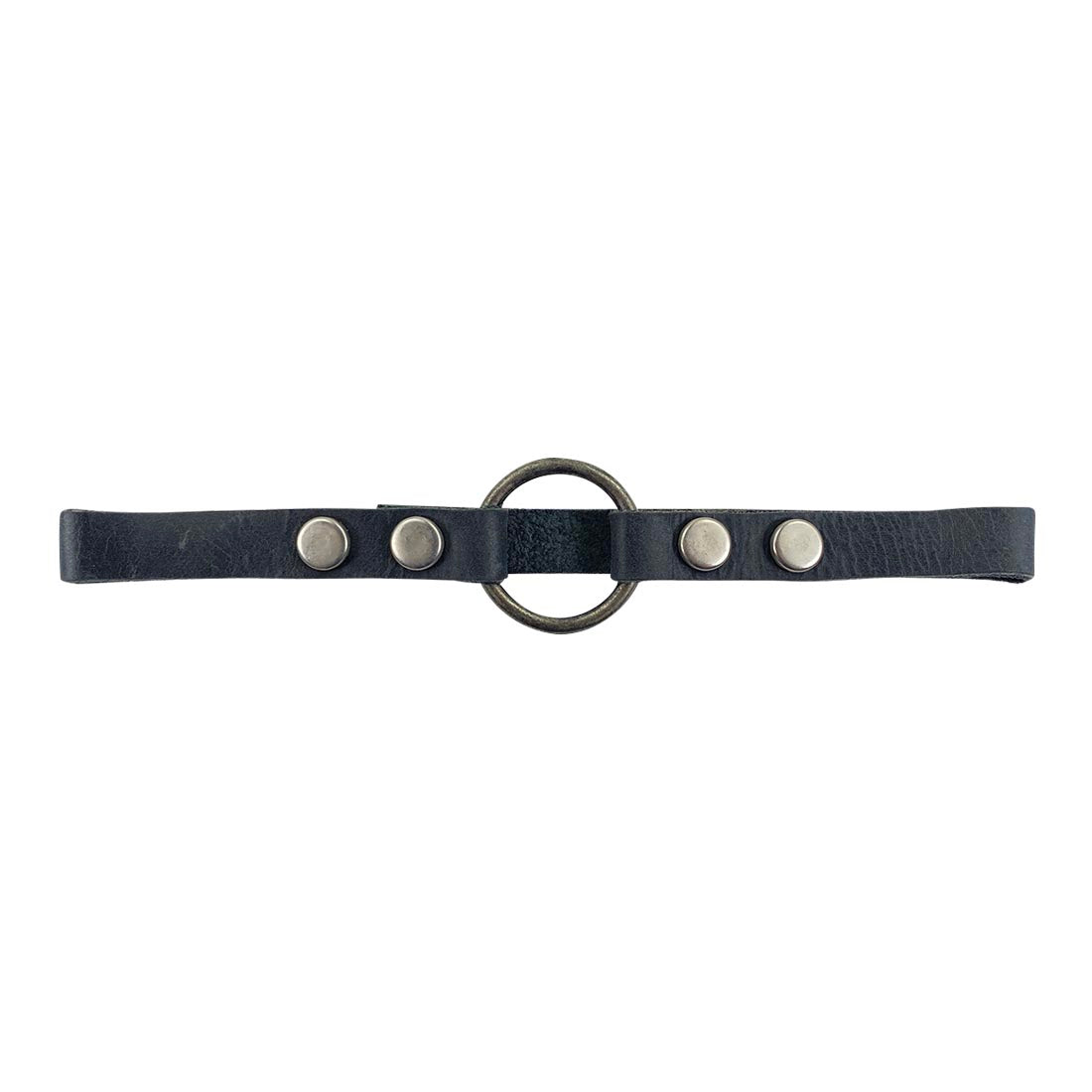 Close-up view of the Goth Choker by Hide & Drink featuring a sleek black leather strap alongside prominent metal hardware, representing a fashionable punk-style accessory. Goth Choker - Stylish Necklace, Trendy Accessory, Soft, Durable Collar - Punk Style with Metal Ring and Hardware, Adjustable, Full Grain Leather, StockyardX, Small Batch Production, Hand Cut, Hand Sewn, Fire Branded, Artisan, Handmade in La Antigua Guatemala & Oaxaca Mexico.