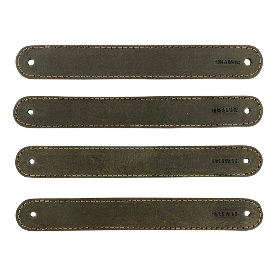 Hide & Drink Drawer Handles (4pk) featuring light-colored leather handles, showcasing their craft and durability. Perfect for stylish home decor and easy installation.