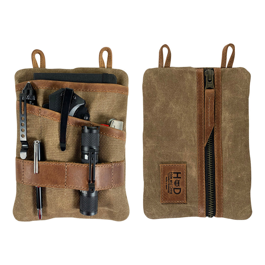 Multi-tool Pocket Pouch - XL showcasing organizational features, perfect for carrying pens and a flashlight, made by Hide & Drink, ideal for anyone needing a reliable tool pouch. Multi-Tool Pocket Pouch XL, Compact Multipurpose EDC Zippered Bag, Knife Holster, Handmade Slim Organizer, Waxed Canvas, StockyardX, Small Batch Production, Hand Cut, Hand Sewn, Artisan, Handmade in La Antigua Guatemala & Oaxaca Mexico.