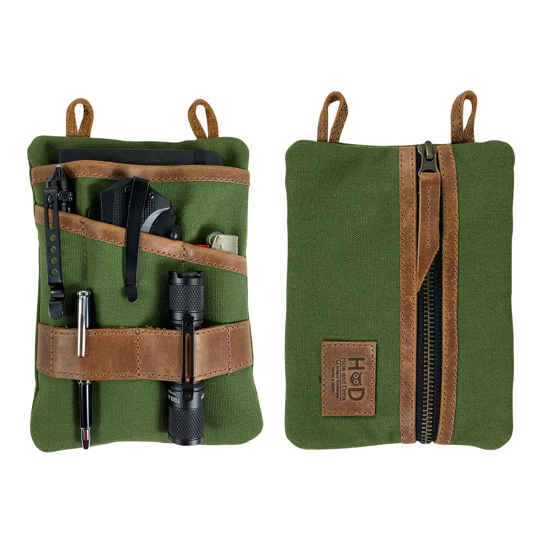 Multi-tool Pocket Pouch - XL by Hide & Drink shown equipped with tools, perfect for camping or home repair tasks, epitomizing its multifunctionality. Multi-Tool Pocket Pouch XL, Mini Camping Tool Case, Compact Multipurpose EDC Zippered Bag, Knife Holster, Handmade Slim Organizer, Waxed Canvas, StockyardX, Small Batch Production, Hand Cut, Hand Sewn, Artisan, Handmade in La Antigua Guatemala & Oaxaca Mexico.