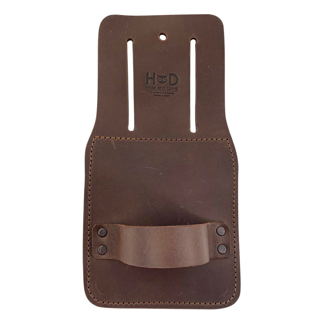 Handmade Hammer Holster from Hide & Drink, a durable accessory for tools with easy belt attachment made of full grain leather. This Hammer Holster for Belt features artisan craftsmanship with small batch production, hand cut, hand sewn, and fire branded, perfect for convenient tool holding.