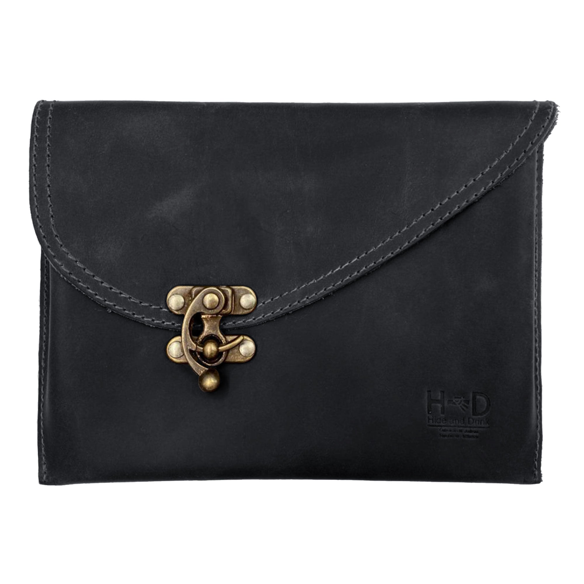 Black Vintage Clutch Bag from Hide & Drink, featuring a sophisticated design with unique clasp, expertly crafted from Full Grain Leather, handmade in La Antigua Guatemala.