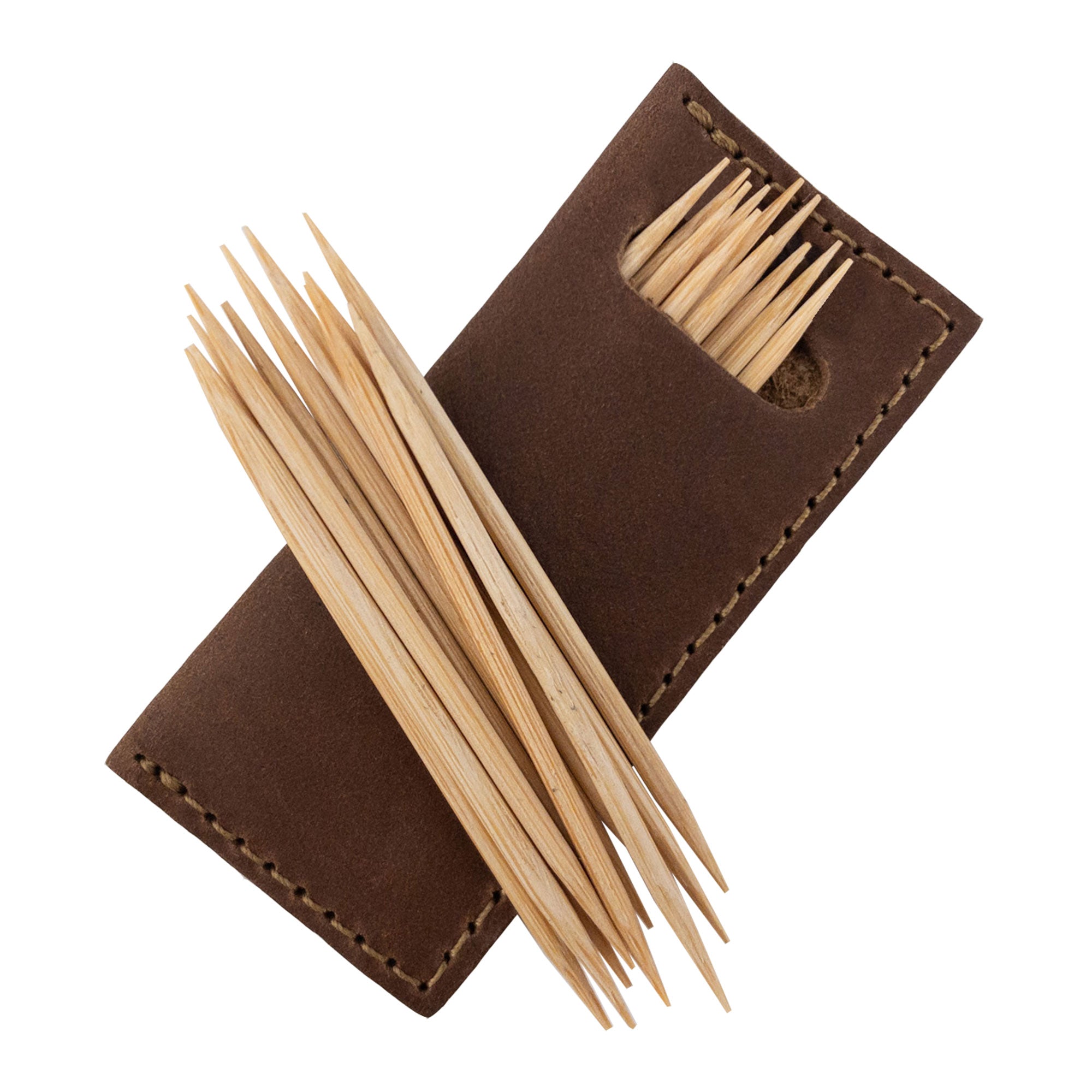 Hide & Drink Tooth Pick Case (4 Pack) with a close-up view of a leather toothpick holder made from quality material. Set of 4 Tooth Pick Cases, Cooking Accessories, Full Grain Leather, StockyardX, Small Batch Production, Hand Cut, Hand Sewn, Fire Branded, Artisan, Handmade in La Antigua Guatemala & Oaxaca Mexico.
