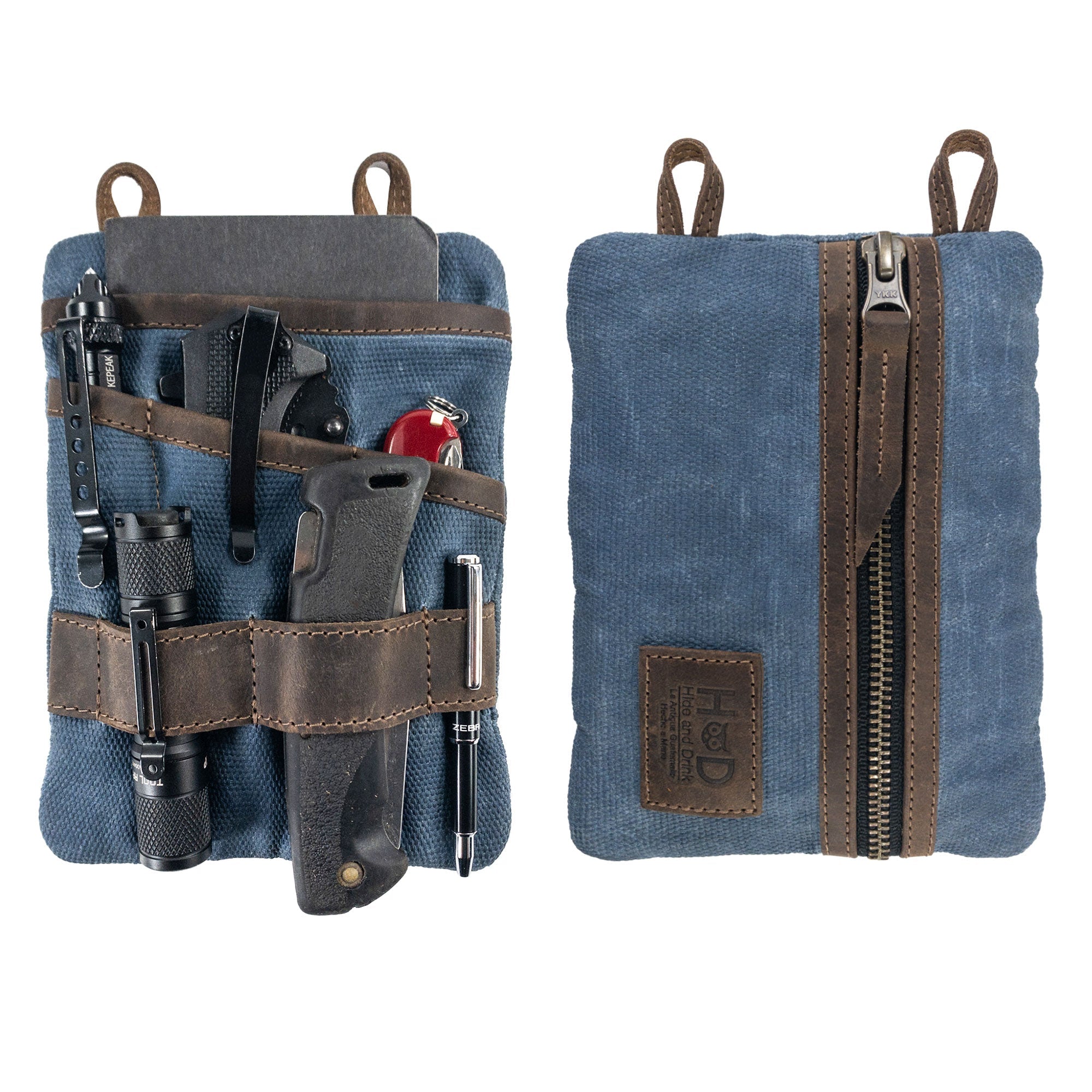 Dimensions of the blue Multi-tool Pocket Pouch - XL by Hide & Drink shared with measurements to assist in selecting the right size for portability. Multi-Tool Pocket Pouch XL, Mini Camping Tool Case, Compact Multipurpose EDC Zippered Bag, Handmade Slim Organizer, Waxed Canvas, StockyardX, Small Batch Production, Artisan, Handmade in La Antigua Guatemala & Oaxaca Mexico.