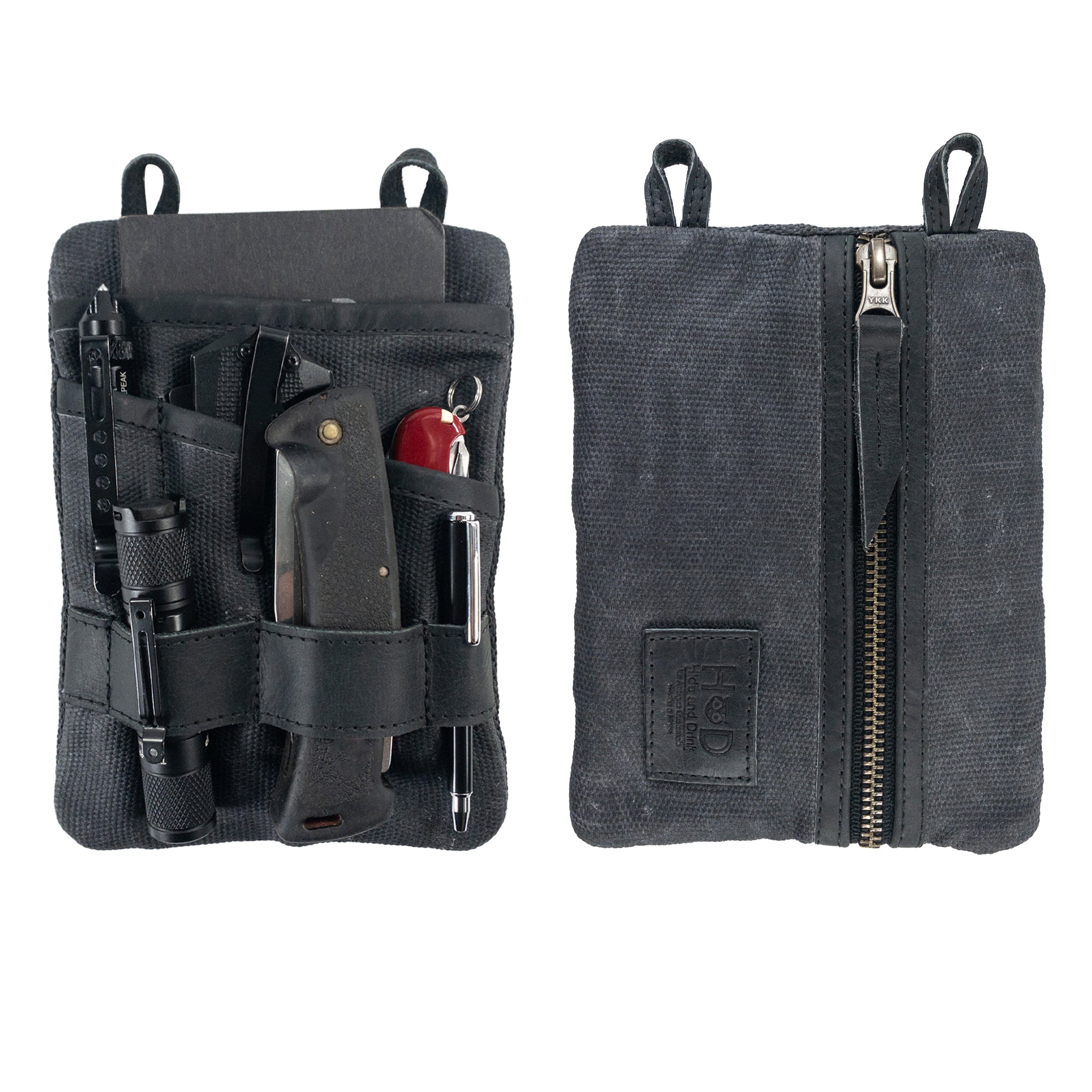 Multi-tool Pocket Pouch - XL by Hide & Drink showcasing a unique design with quality craftsmanship for everyday utility. Multi-Tool Pocket Pouch XL, Compact Multipurpose EDC Zippered Bag, Mini Camping Tool Case, Knife Holster, Handmade Slim Organizer, Waxed Canvas, StockyardX, Small Batch Production, Artisan, Handmade in La Antigua Guatemala & Oaxaca Mexico.