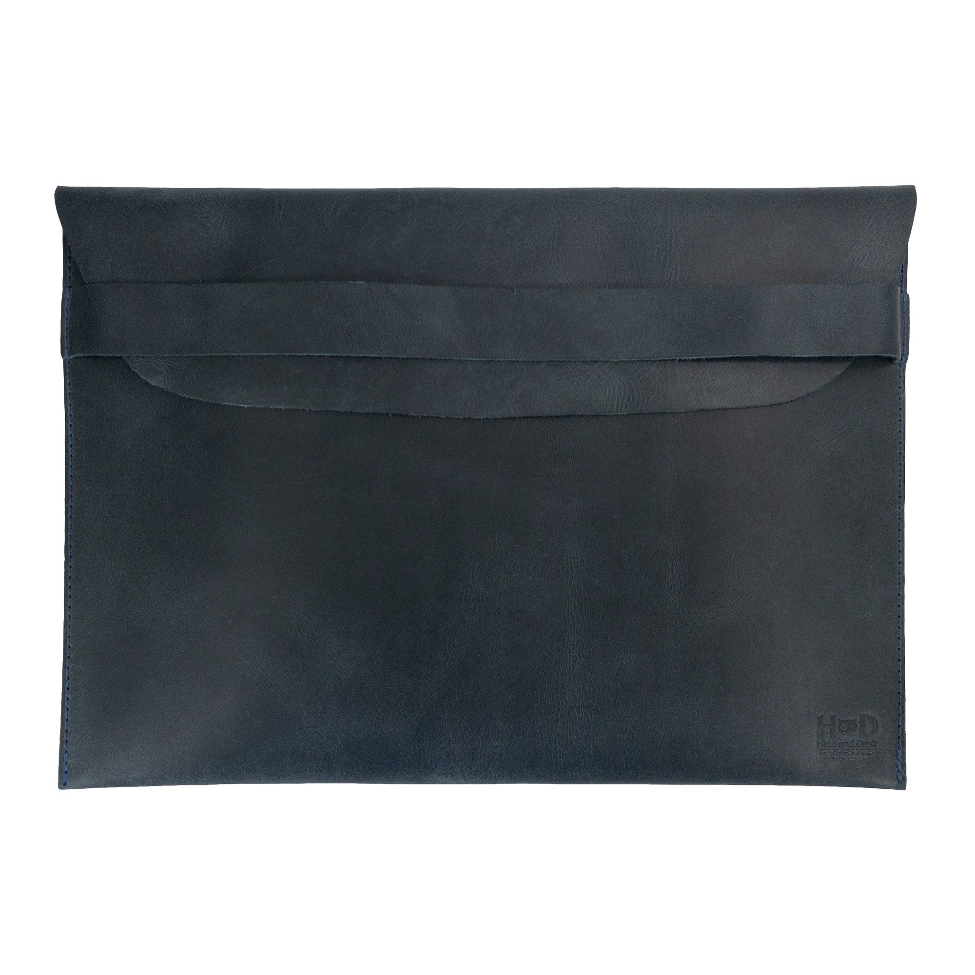 Black Hide & Drink MacBook Slim Case featuring a 'I ♥ DAD' design, giving it a personal touch. This unique case fits MacBook Air/Pro 13 Inch with M1 Chip, crafted from full grain leather with artisan qualities, showcasing small batch production.