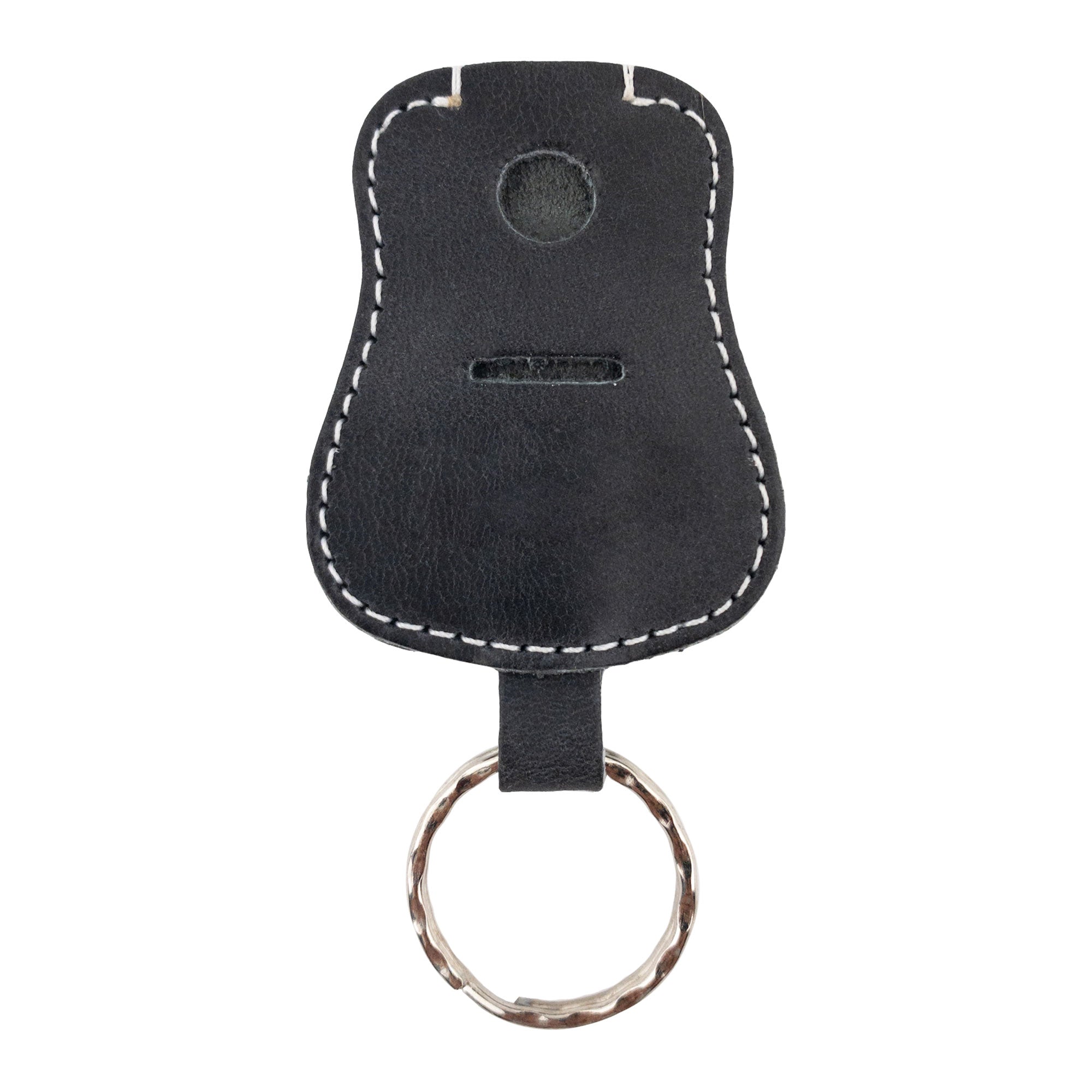 Black Guitar Keychain by Hide & Drink, showcasing a sleek design made from Full Grain Leather. This key holder is not only functional but also highlights the artisan workmanship of small batch production from La Antigua Guatemala & Oaxaca Mexico.