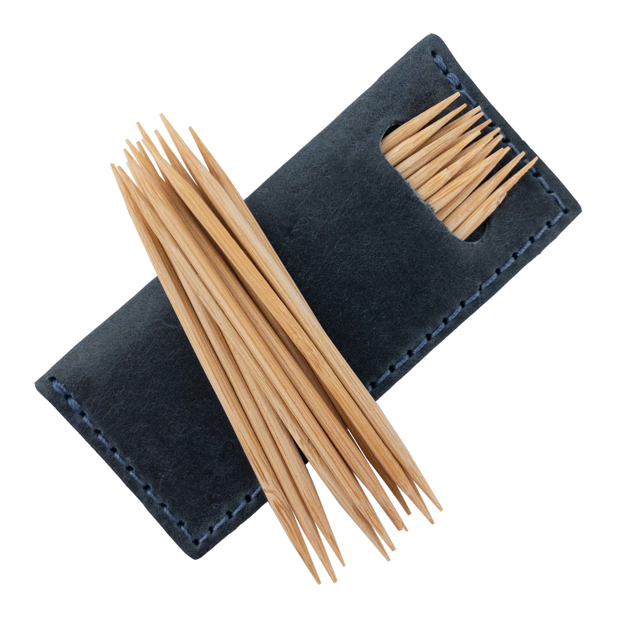 Hide & Drink Tooth Pick Case (4 Pack) with visible stitching and craftsmanship on a leather case. Set of 4 Tooth Pick Cases, Cooking Accessories, Full Grain Leather, StockyardX, Small Batch Production, Hand Cut, Hand Sewn, Fire Branded, Artisan, Handmade in La Antigua Guatemala & Oaxaca Mexico.