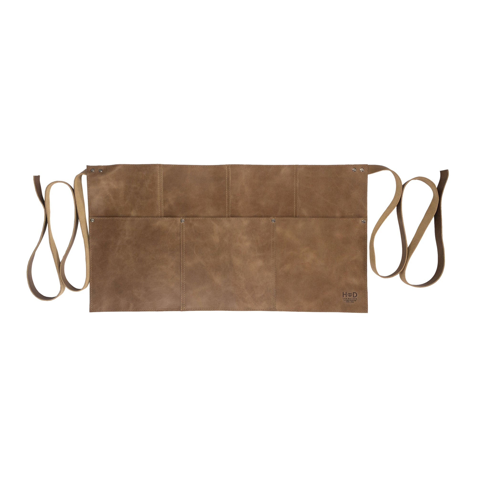 Detail view of the Hide & Drink Barista Leather Waist Apron, highlighting its riveted pockets and sturdy full grain leather used in crafting. Handmade in small batch production in La Antigua Guatemala & Oaxaca Mexico.