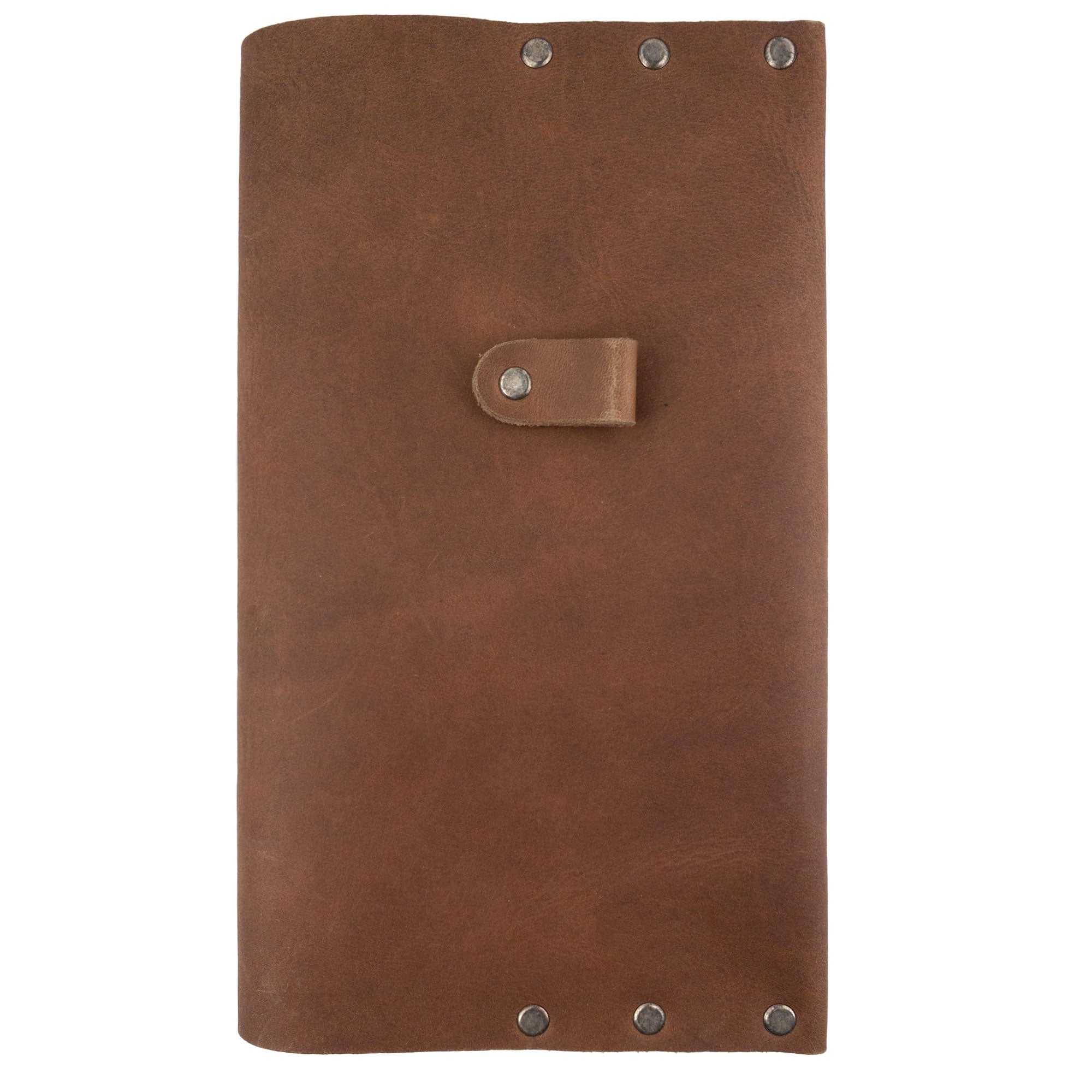 Front view of the Riveted Journal Cover (5 x 8.50 in.) by Hide & Drink. This classic sleeve in vintage style features full grain leather, showcasing the artisanal craftsmanship with hand cut and hand sewn details. Perfect for your notebook, this product embodies small batch production from La Antigua Guatemala & Oaxaca Mexico.