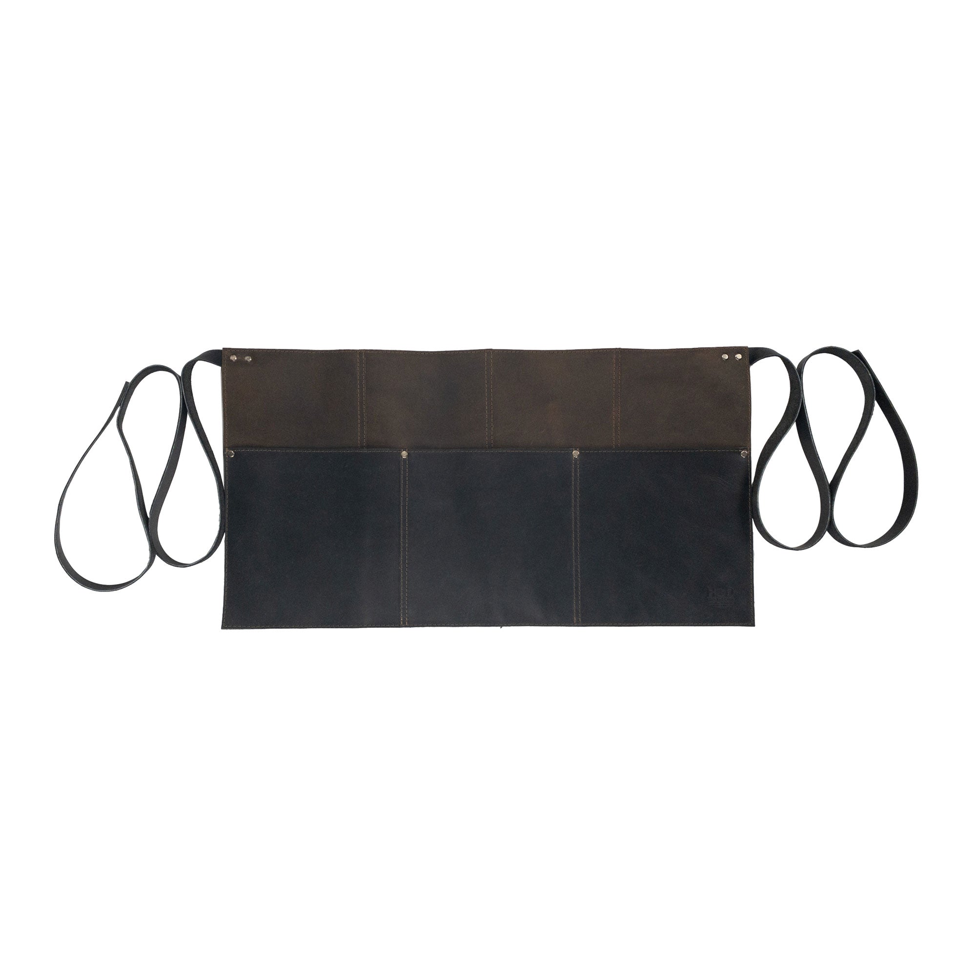 Hide & Drink Barista Leather Waist Apron in a stylish display highlighting the riveted pockets. This full grain leather apron makes for great server shorts and is handmade in small batch production in La Antigua Guatemala & Oaxaca Mexico.