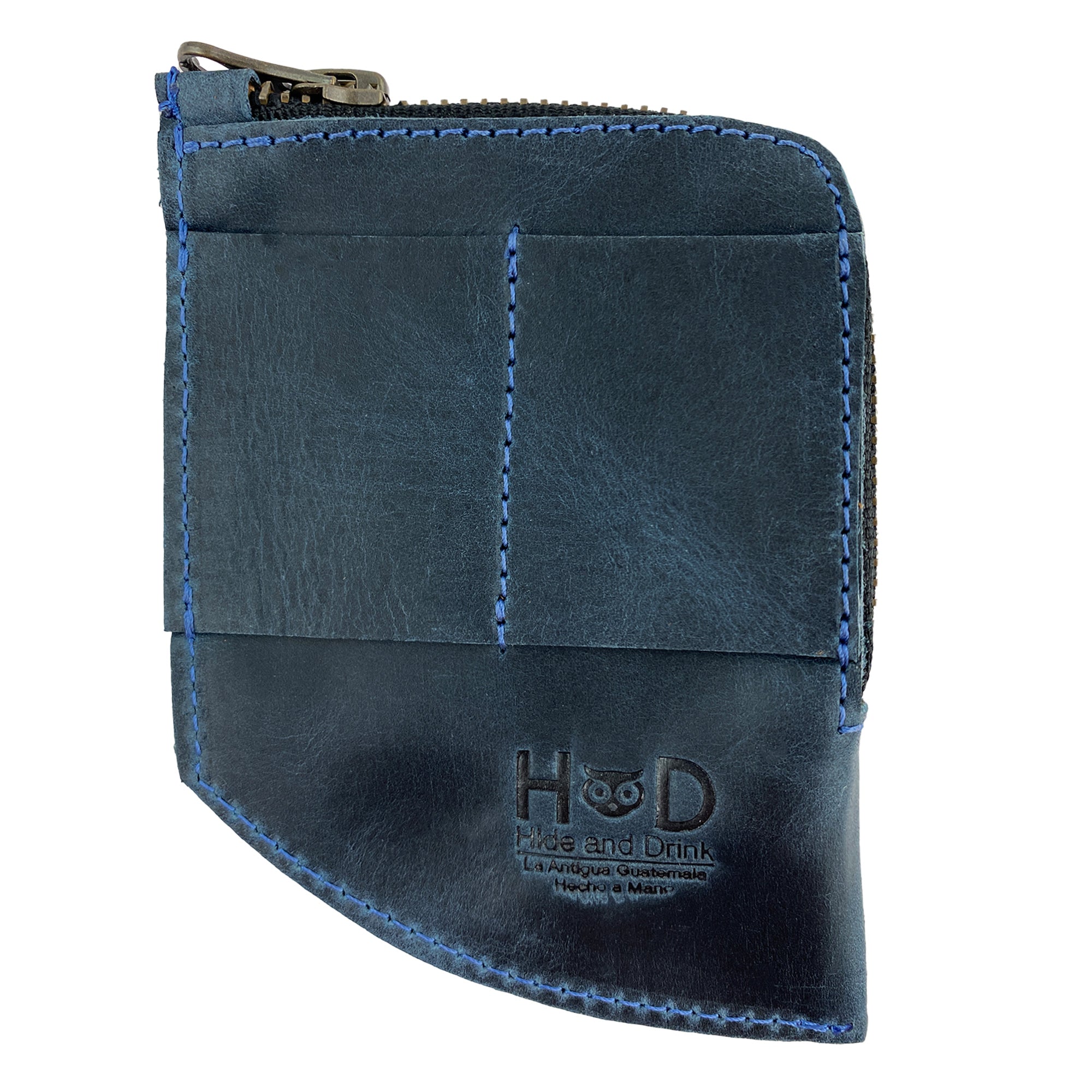 Hide & Drink EDC Pocket Wallet in a striking blue leather, emphasizing its stylish and functional character. The wallet is fire branded and handmade, perfect for the modern user.