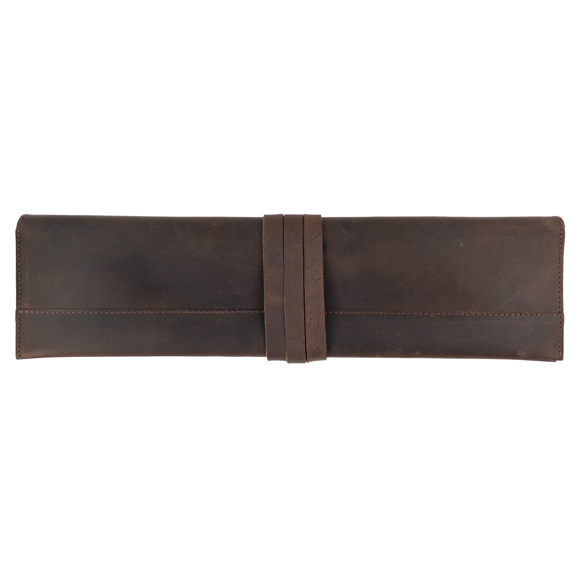 Cast Leather Co. Leather Double Knife Roll, showcasing the closed design with stylish ties. This artisan-crafted Full Grain Leather Double Knife Roll is perfect for chefs and cooks looking for rustic storage for kitchen knives, handmade in La Antigua Guatemala & Oaxaca Mexico.