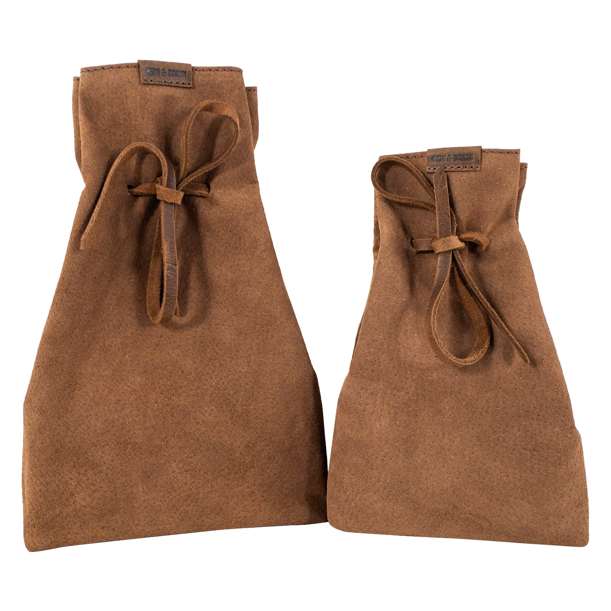 Hide & Drink's Drawstring Sack (2 pack) in a rich brown color, showcasing its durable and stylish attributes, perfect for gifting. Drawstring Sack (2 pack) Handmade from Sheepskin and Full Grain Leather, StockyardX, Small Batch Production, Hand Cut, Hand Sewn, Fire Branded, Artisan, Handmade in La Antigua Guatemala & Oaxaca Mexico.
