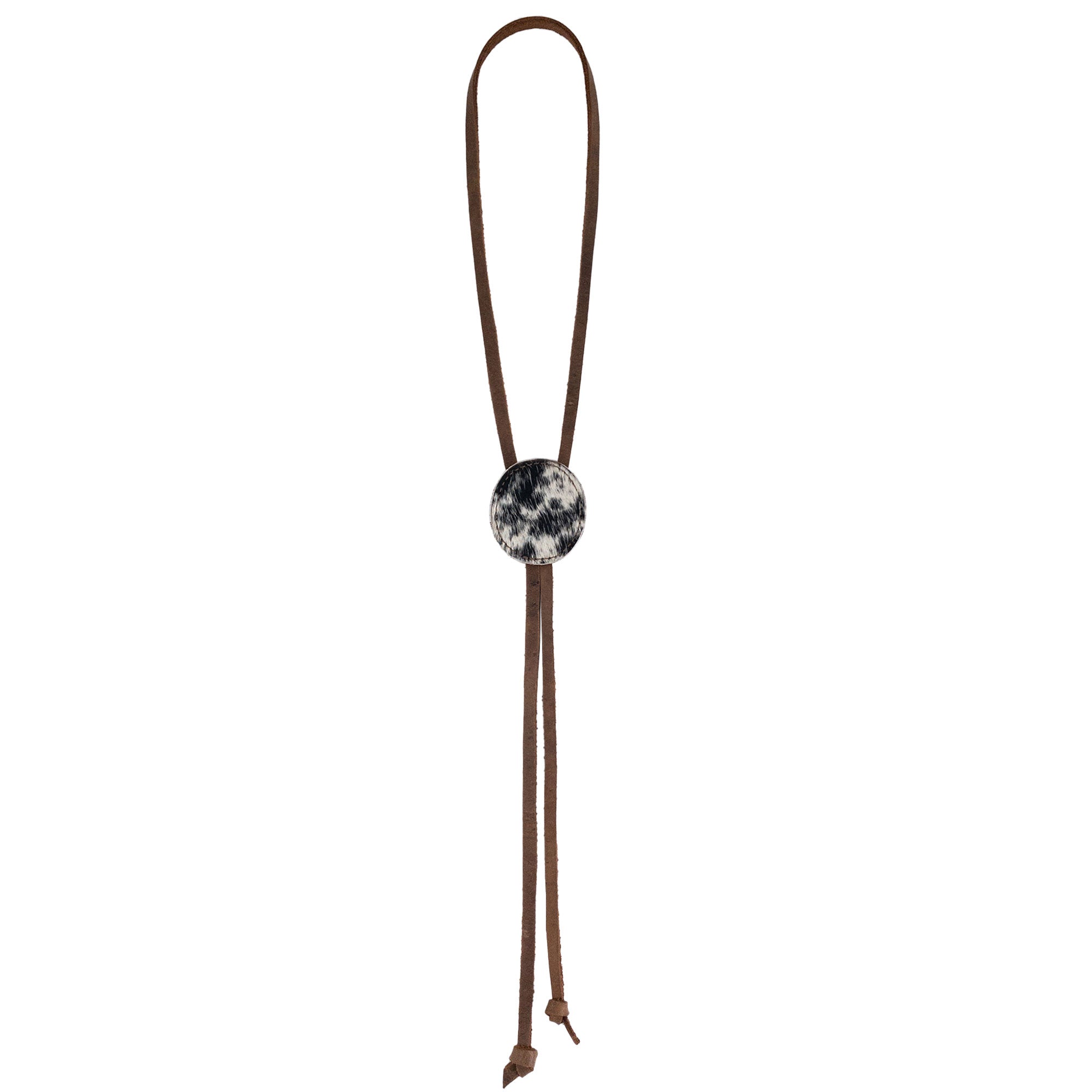 Handcrafted Cowboy Bolo Tie by Western Leather Works featuring a round shape and unique design, made of full grain leather. This artisan necktie accessory emphasizes small batch production and expert craftsmanship, handmade in La Antigua Guatemala & Oaxaca Mexico.