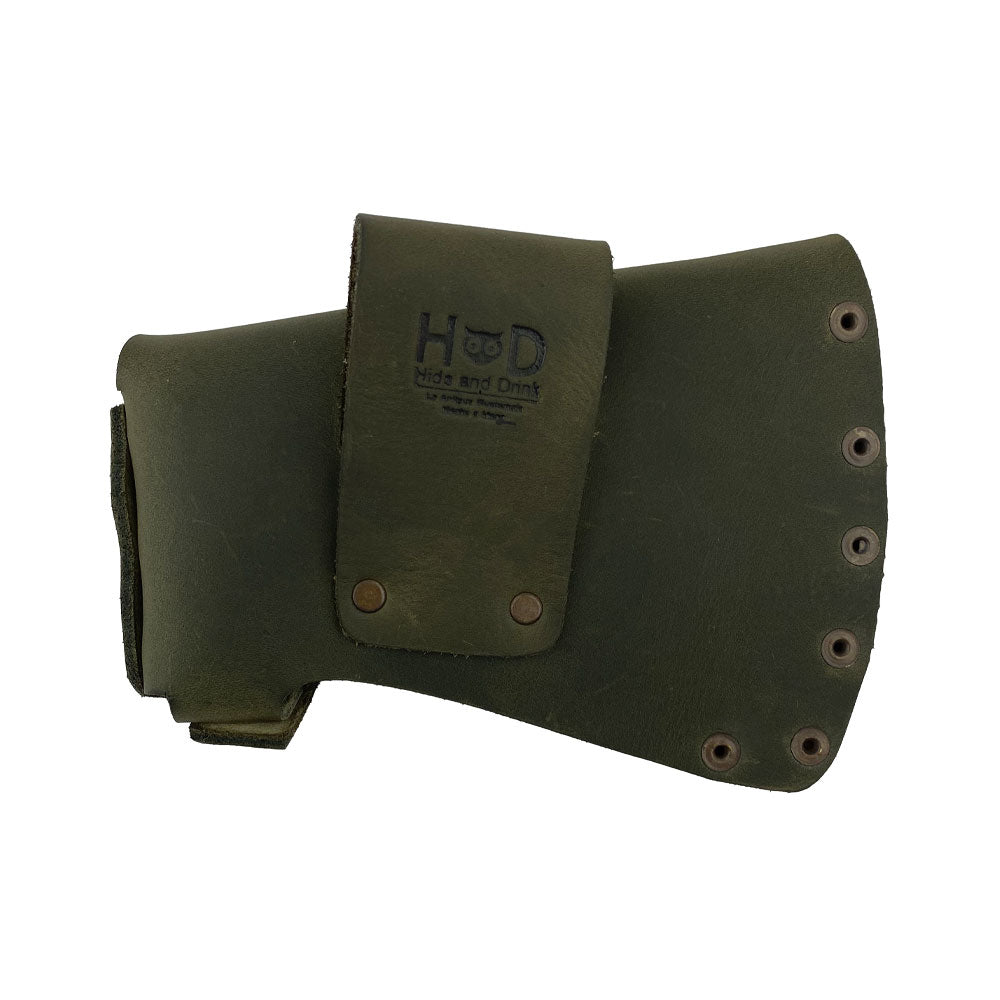 Hide & Drink Hatchet Head Sheath highlighted in green leather, standing out as a holster designed for 1.5 in. belts. This unique blade cover serves as an artisan axe head case for lumberjack outdoors work essentials.