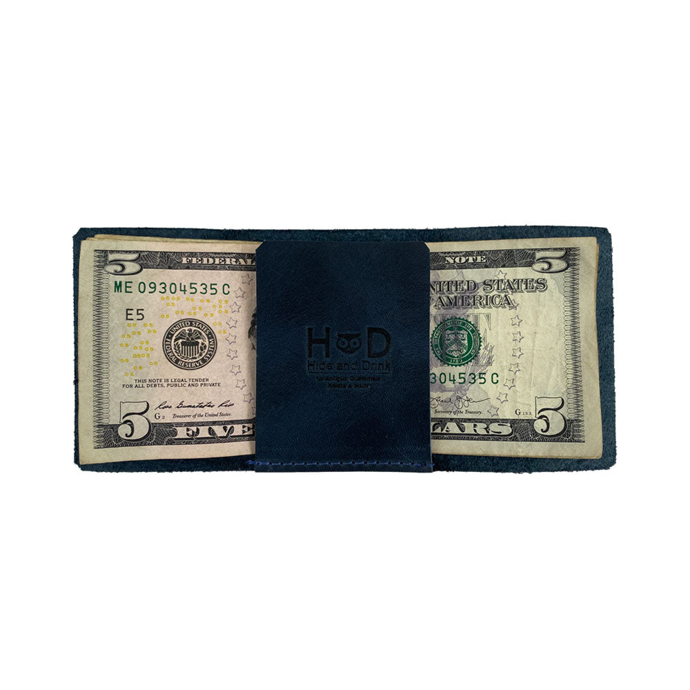 Displaying the Hide & Drink Minimalist Wallet Bills Only opened with bills, showcasing its functionality. This Ultra Minimalist Wallet is designed from Full Grain Leather and serves as a reliable cash organizer while highlighting the dedication to artisan craftsmanship.