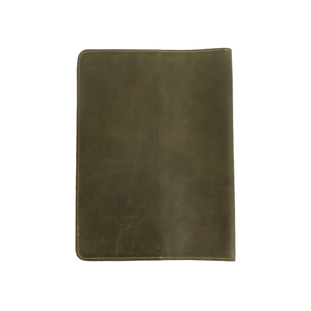 Open view of the interior features of the green Full Grain Leather Journal Cover for Moleskine Cahier XL (7.5 x 9.75 in.) by Hide & Drink. The rich texture and thoughtful design make this notebook case a favorite for writers and artists, celebrating artisan craftsmanship.