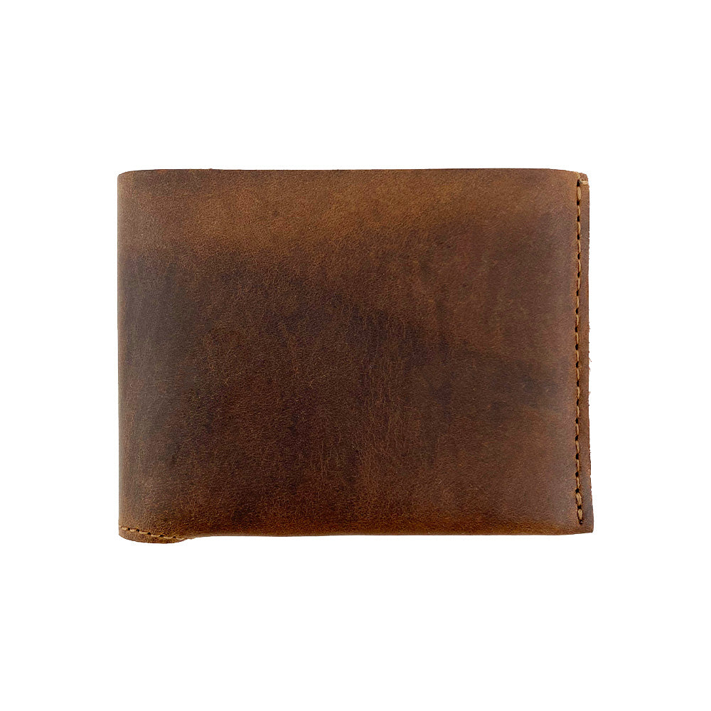 Front view of the compact Hide & Drink Classic Wallet, showcasing its stylish vintage finish in brown leather. Classic Wallet, Card Organizer, Money Holder, Vintage Pocket, Travel Accessories, Full Grain Leather, StockyardX, Small Batch Production, Hand Cut, Hand Sewn, Fire Branded, Artisan, Handmade in La Antigua Guatemala & Oaxaca Mexico.