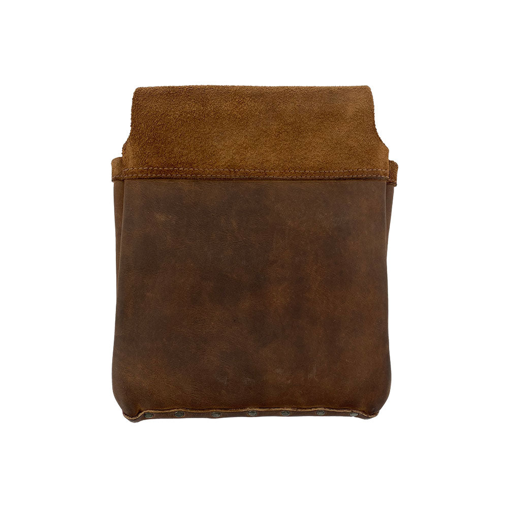 Back view of the Constructor Belt Bag by Hide & Drink, designed for constructors. This sturdy tool belt bag with a single big pocket is crafted from high-quality full grain leather and features hand-sewn details. Made with care in La Antigua Guatemala & Oaxaca Mexico, perfect for storing tools.