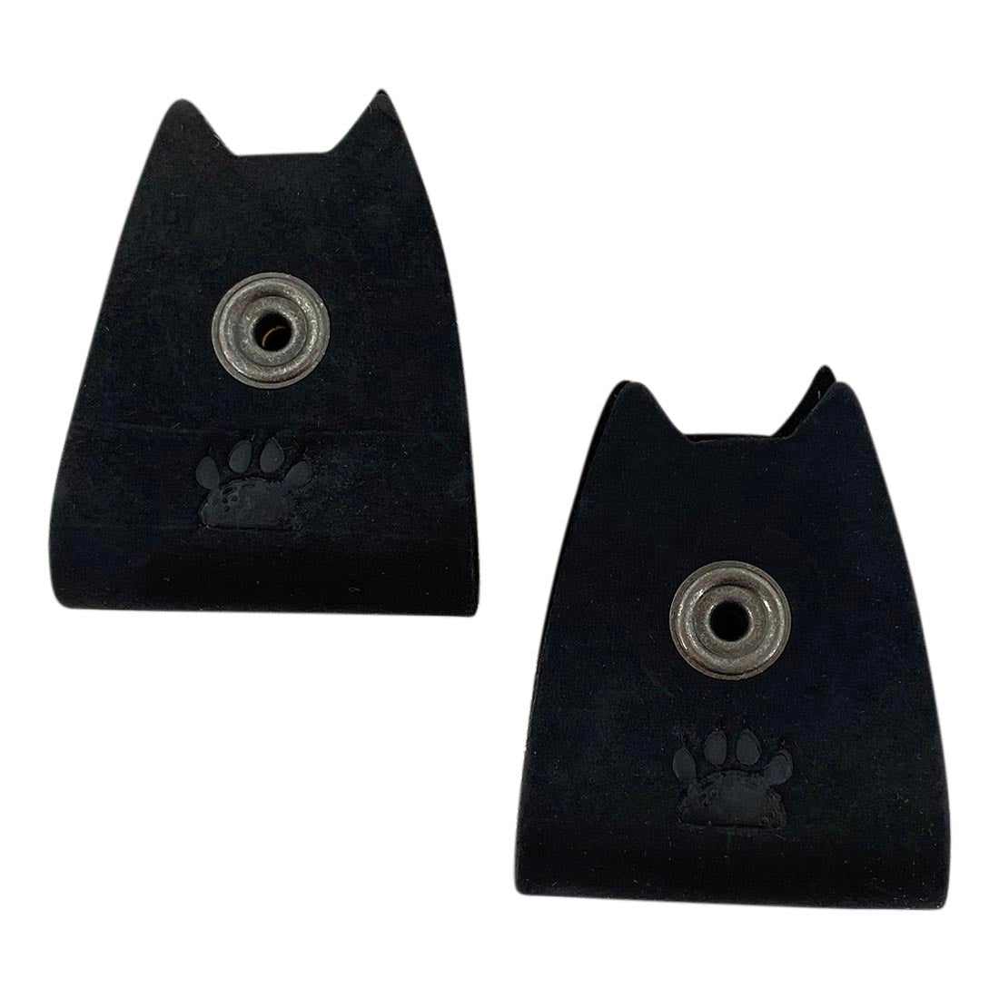 Features of Taco Dog's Cat Cord Keeper (2 Pack) in black leather with a paw print design. Conveniently wraps up cables, earbuds, headphones, and chargers, ensuring they stay organized. Crafted in La Antigua Guatemala & Oaxaca Mexico by skilled artisans.