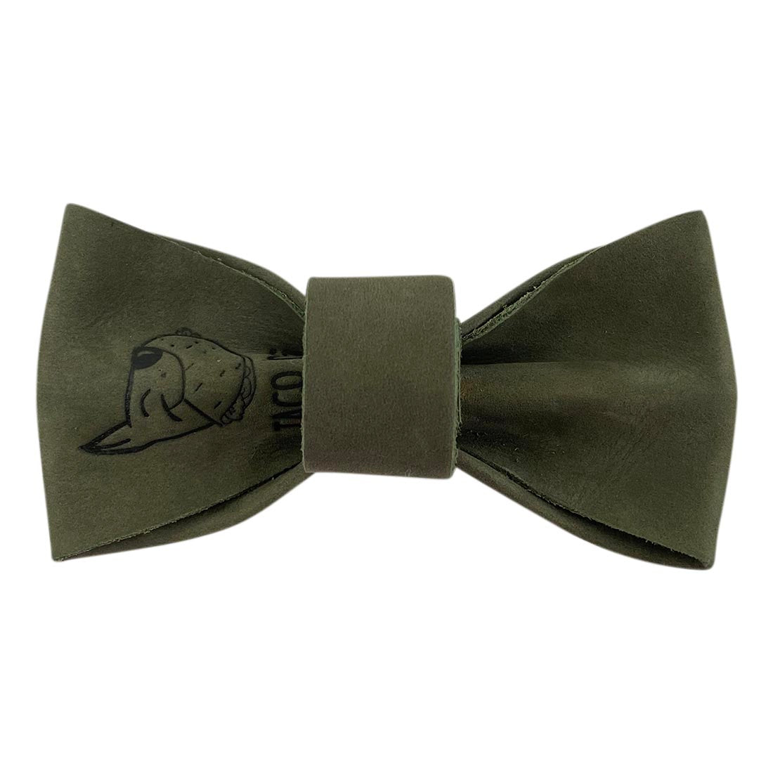 Close-up of a green suede bow tie for dogs by Taco Dog. This elegant Bow Tie for Dog Collar effortlessly complements any dog's style while fitting most collars (1.25 in. wide). Bow Tie for Dogs - Attaches onto Most Dog Collars (Collar Not Included) - Fancy Cute Stylish Pet Accessory Attachment, Full Grain Leather, StockyardX, Small Batch Production, Hand Cut, Hand Sewn, Fire Branded, Artisan, Handmade in La Antigua Guatemala & Oaxaca Mexico.