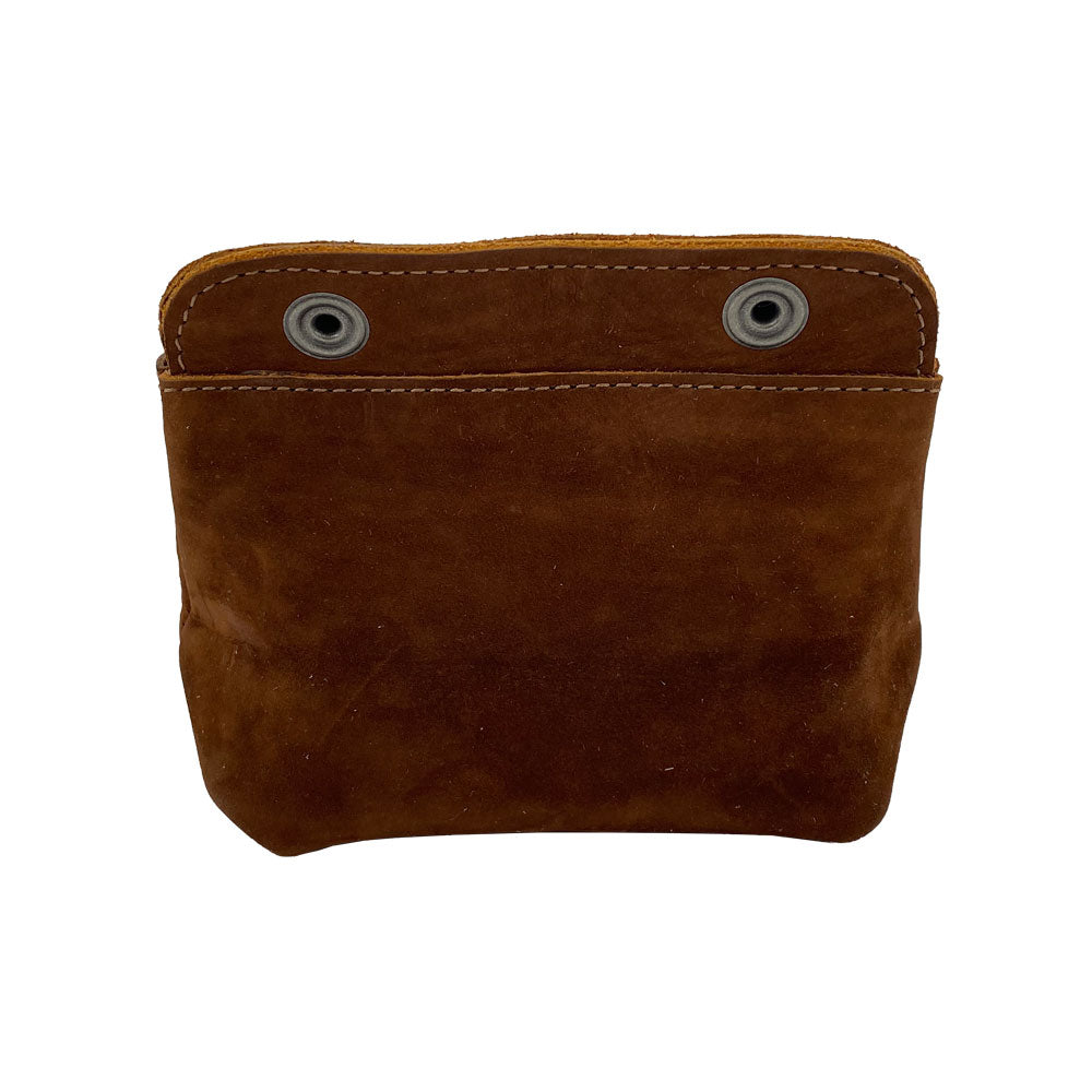Back view of Hide & Drink Double Snap Pouch in brown suede, perfect for use as a coin purse, cash & card holder, or makeup organizer. This handmade full grain leather product represents the artisanal quality from La Antigua Guatemala.
