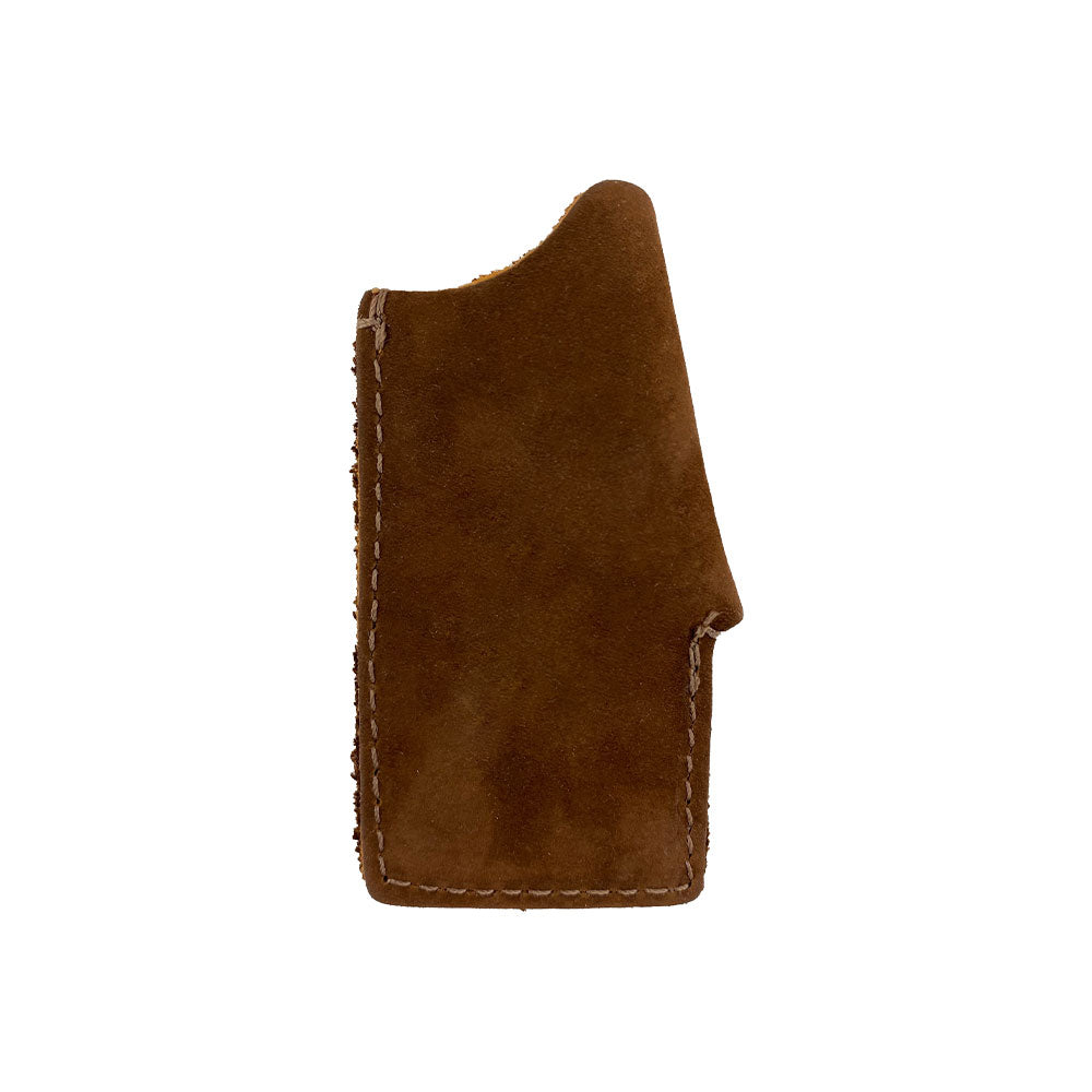 Side view of the brown Hide & Drink Lighter Protective Case, exhibiting exquisite hand sewn and hand cut detailing that embodies artisan quality. This durable case is made in La Antigua Guatemala & Oaxaca Mexico. Keywords: Lighter Protective Case, Full Grain Leather, StockyardX.