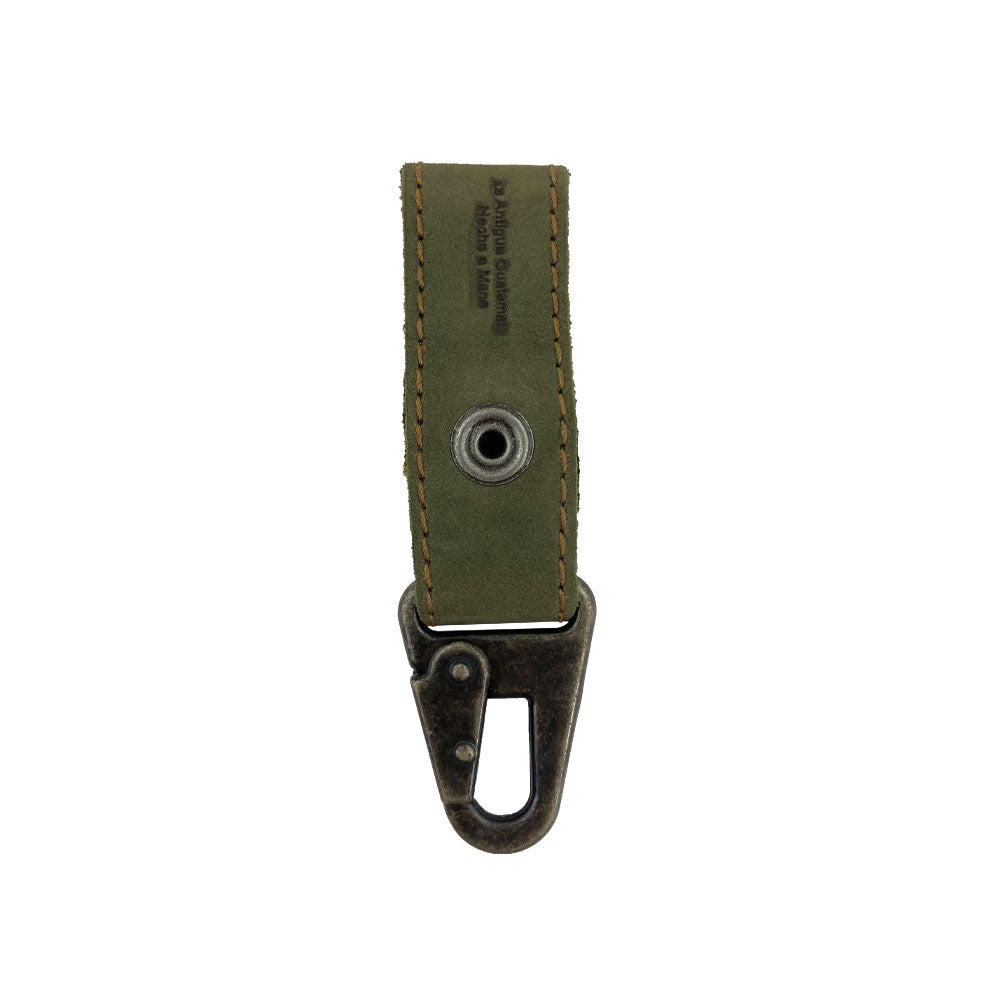 Hide & Drink Key Ring Holder side view, showcasing its durable olive green leather. This artisan piece, created from Full Grain Leather, is Hand Cut and Hand Sewn, emphasizing Small Batch Production methods.