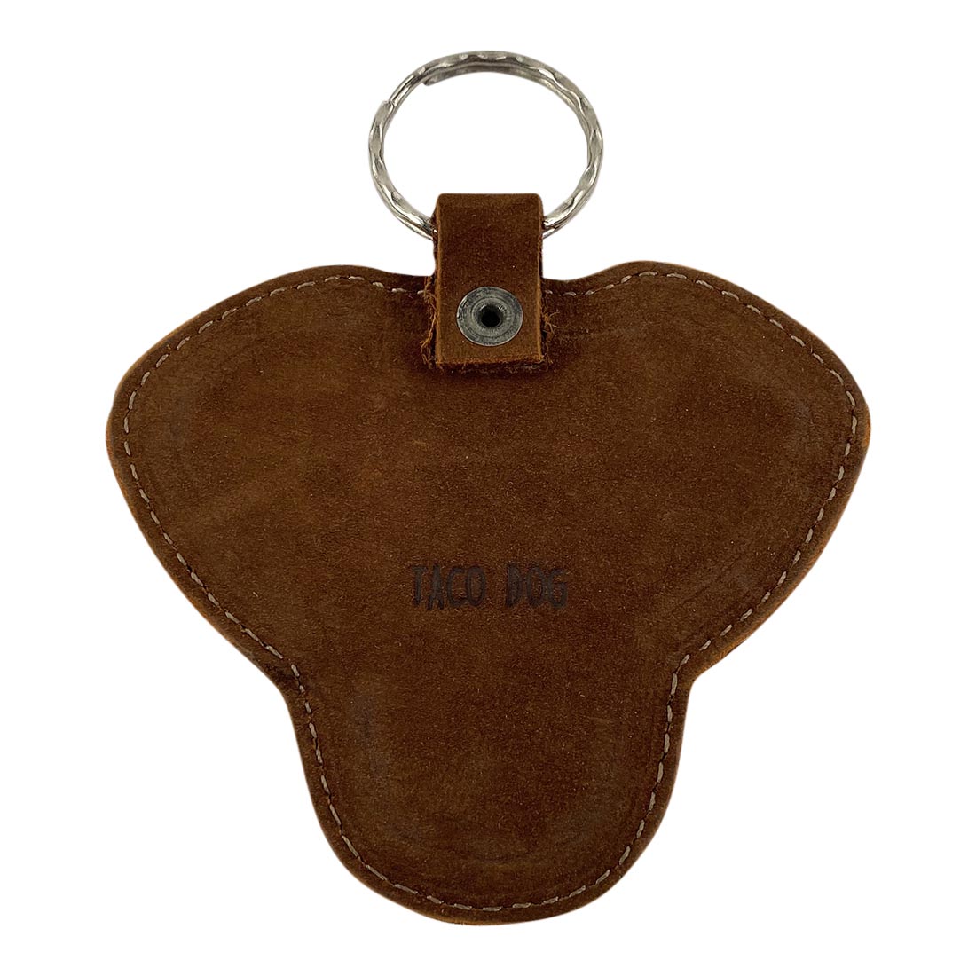 Back of the Labrador Dog Critter Keychain by Taco Dog, revealing the fire branded logo. Made with Full Grain Leather, this artisan-crafted keychain reflects small batch production showcasing quality and charm.