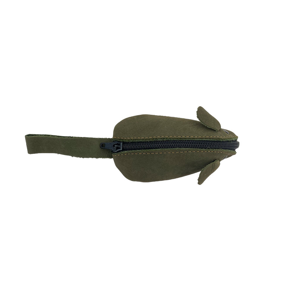 Side view of the Hide & Drink Mouse Coin Pouch, representing its playful Mouse design. Ideal as a Change Pouch, this stylish Pocket Case for Coins is made from top-tier Full Grain Leather for durability.