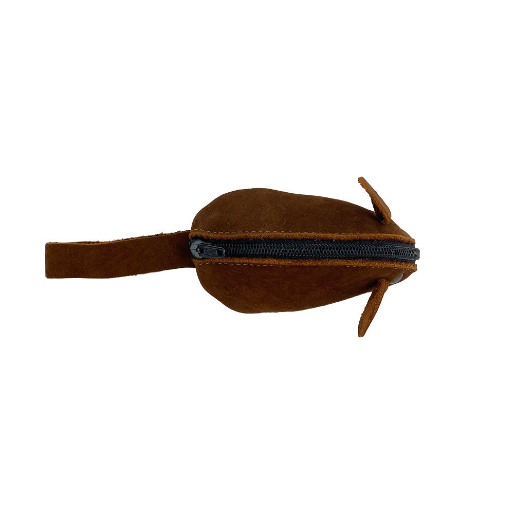 Top view of the Hide & Drink Mouse Coin Pouch highlighting its fun design as a Mouse-Shaped Coin Pouch. This handy Change Pouch is an ideal Pocket Case for Coins and practical Travel Accessory, crafted from premium Full Grain Leather.
