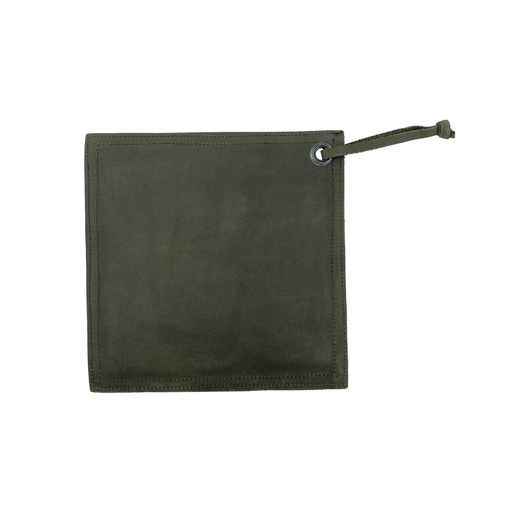 Back view of the Hide & Drink Pot Pad, illustrating its sturdy leather craftsmanship. This handmade hot pot pad is designed for durability and long-lasting use.