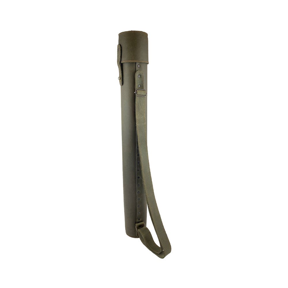 Hide & Drink's Blueprint Tube (A2 Paper Size) highlighted with detailed shots of its olive green leather. This document storage tube features an adjustable strap, perfect for architects, showcasing artisan craftsmanship and small batch production by StockyardX, handmade in La Antigua Guatemala & Oaxaca Mexico.