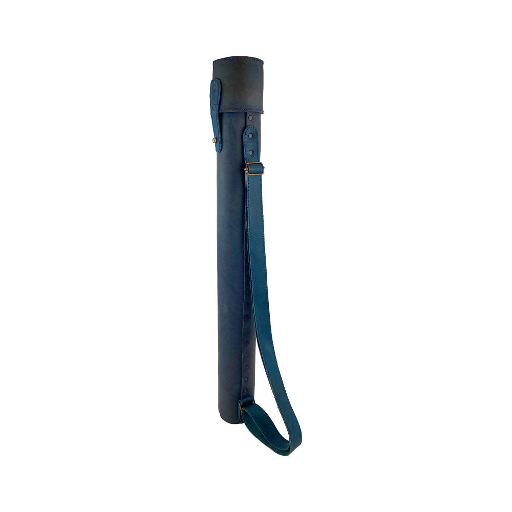 Hide & Drink's Blueprint Tube (A2 Paper Size) viewed from above, showcasing the cap and strap. This full grain leather document storage tube includes an adjustable strap, highlighting the artisan quality and small batch production by StockyardX, handmade in La Antigua Guatemala & Oaxaca Mexico.