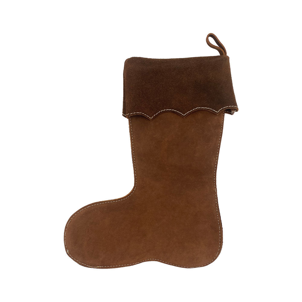 Another view of the Hide & Drink Christmas Stocking Boot showcasing its rich suede leather texture. Ideal for holiday decor, this artisan-crafted stocking adds charm to any setting as a Traditional Santa Stocking, made from top-quality Full Grain Leather.