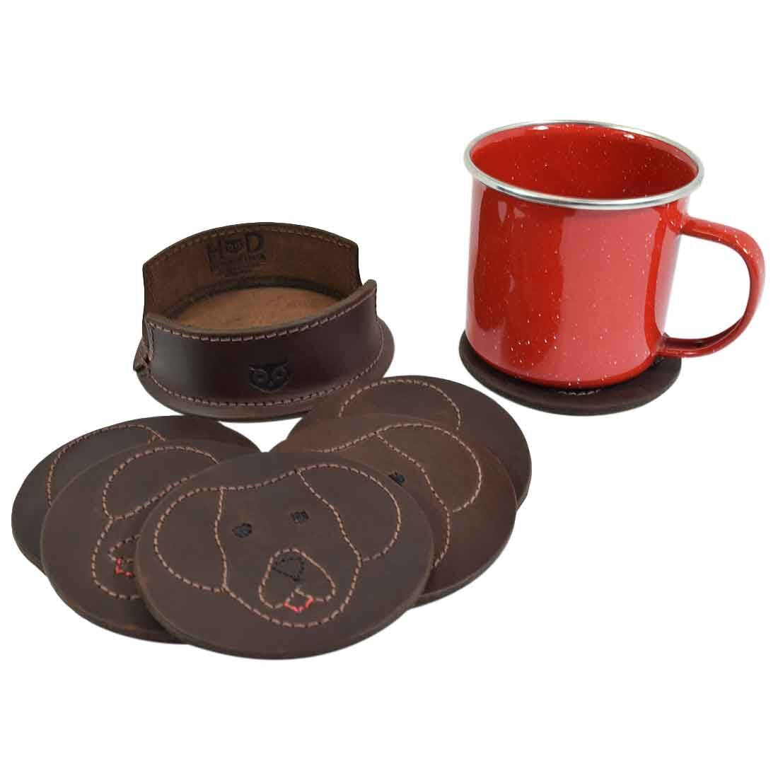 Labrador Doggy Classic Shaped Coaster Set (6-Pack) by Hide & Drink is presented with a red mug, highlighting the unique Labrador Retriever design on the coasters. Made from full grain leather, these artisan coasters are perfect for adding a rustic touch to your home. Labrador Retriever Doggy/Animal Farm Classic Shaped Coasters (6-Pack) Full Grain Leather, StockyardX, Small Batch Production, Handmade in La Antigua Guatemala & Oaxaca Mexico.