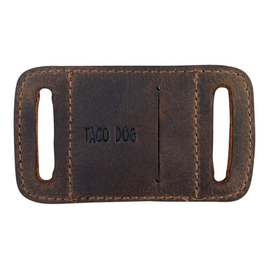 Reverse side of the Rustic AirTag Sleeve for Dog Collar 1.25" Wide by Taco Dog, featuring the brand name. This durable accessory easily slides onto collars, made from full grain leather to prevent loss and accidents with effective tracking, hand crafted in La Antigua Guatemala.