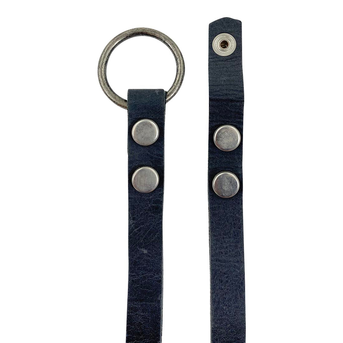 Detailed image of the Goth Choker by Hide & Drink, highlighting its unique features including a circular metal ring and durable leather strap; a chic addition to any goth or punk outfit. Goth Choker - Stylish Necklace, Trendy Accessory, Soft, Durable Collar - Punk Style with Metal Ring and Hardware, Adjustable, Full Grain Leather, StockyardX, Small Batch Production, Hand Cut, Hand Sewn, Fire Branded, Artisan, Handmade in La Antigua Guatemala & Oaxaca Mexico.