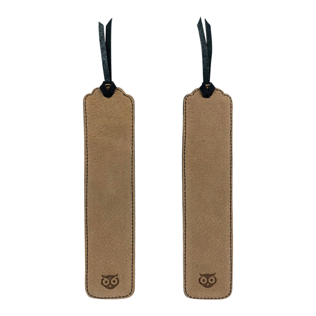 Deluxe Long Bookmark (2 Pack) from Hide & Drink with two light brown bookmarks displayed. A perfect reversible page marker and classic accessory for reading lovers, crafted from full grain leather, showcasing stockyardX, small batch production, hand cut, hand sewn, fire branded, artisan quality, handmade in La Antigua Guatemala & Oaxaca Mexico.