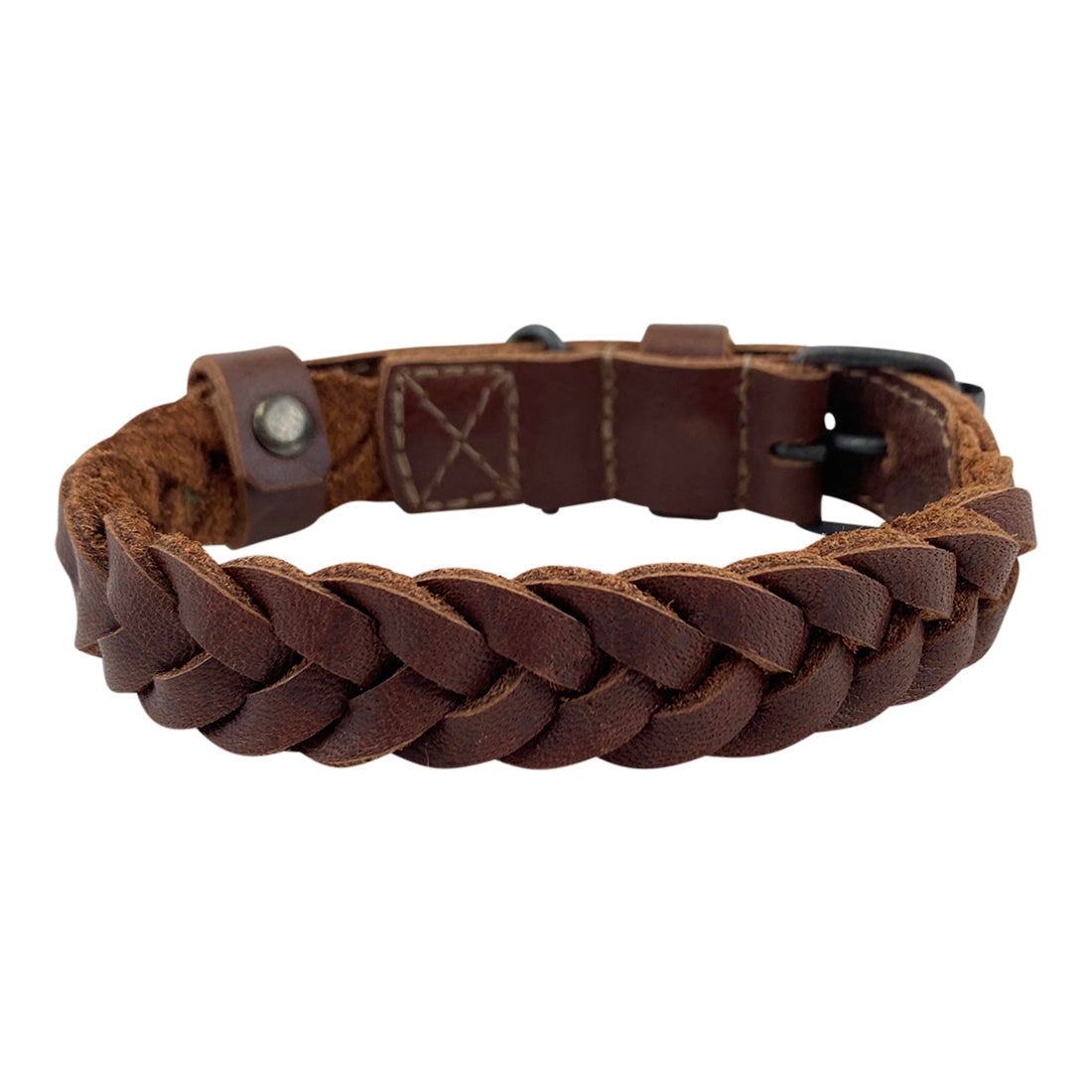 Close-up view of the Braided Small Dog Collar by Taco Dog, highlighting its intricate braid and strong design. This collar is crafted from full grain leather, ensuring a secure fit with its belt buckle latch. Ideal for small breeds, the collar embodies the quality of small batch production, hand cut, hand sewn, and fire branded by artisans in La Antigua Guatemala & Oaxaca Mexico.