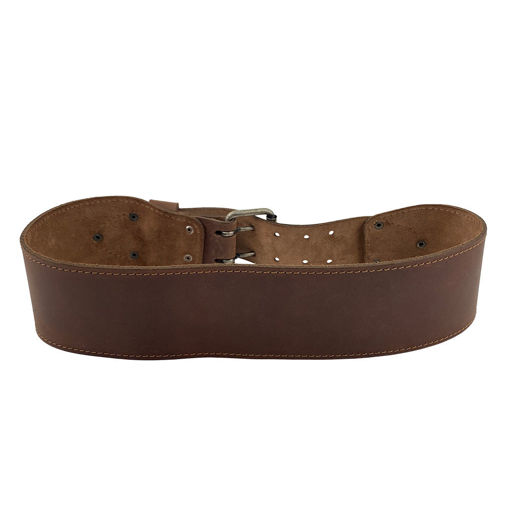 Side view of Hide & Drink’s Weightlifting Belt, designed for both men and women. This belt is 3 in. wide and fits waist sizes 31 in. to 38 in., combining functionality with stylish full grain leather. Hand cut, hand sewn, and fire branded, it reflects artisan craftsmanship from La Antigua Guatemala & Oaxaca Mexico.