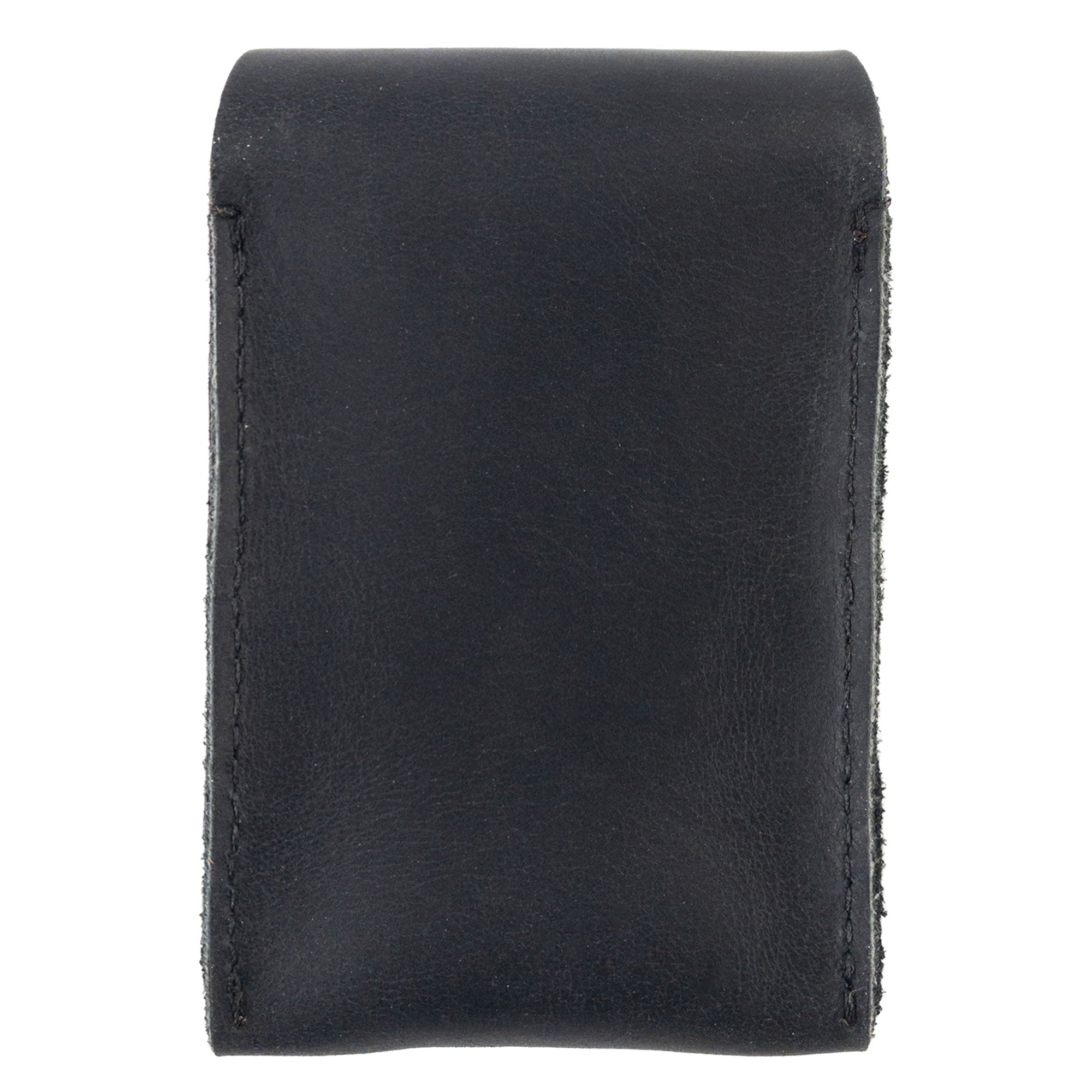 The back of Hide & Drink's Playing Card Case in sleek black leather. This handmade travel accessory is ideal for secure storage of a classic case for playing cards (not included). Created with full grain leather, it showcases artisanal craftsmanship, hand-sewn details from StockyardX, and reflects the quality of La Antigua Guatemala.