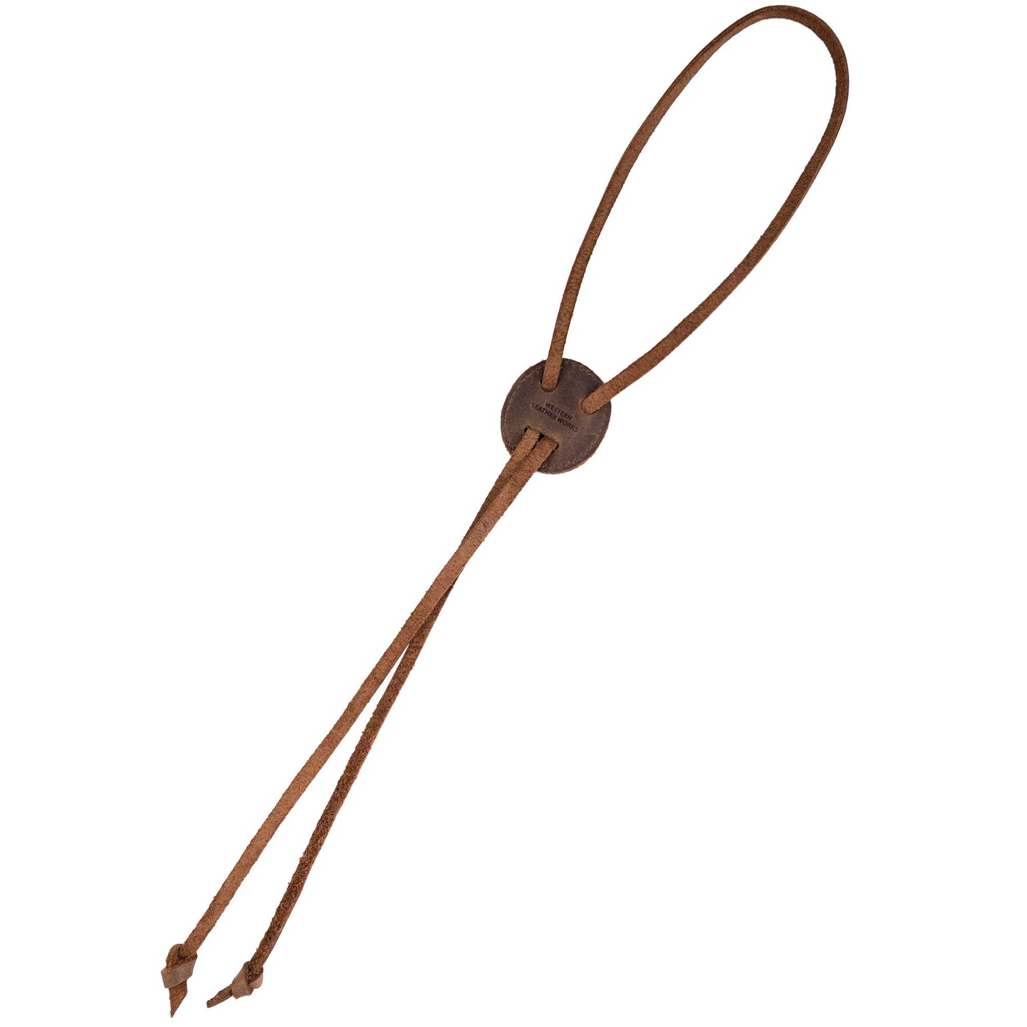 Cowboy Bolo Tie showcasing a round shape from Western Leather Works, crafted from premium full grain leather. This unique necktie accessory stands out with its artisan quality and dedication to small batch production, made in La Antigua Guatemala & Oaxaca Mexico.