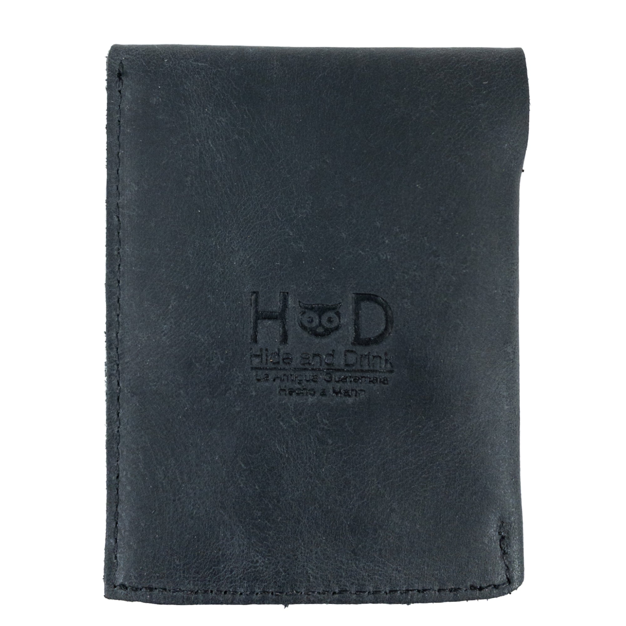 Hide & Drink Slim Card Holder with logo, a beautifully crafted vertical card holder made from full grain leather. Designed to hold up to 4 cards and cash, it reflects the artisan quality and small batch production from La Antigua Guatemala.