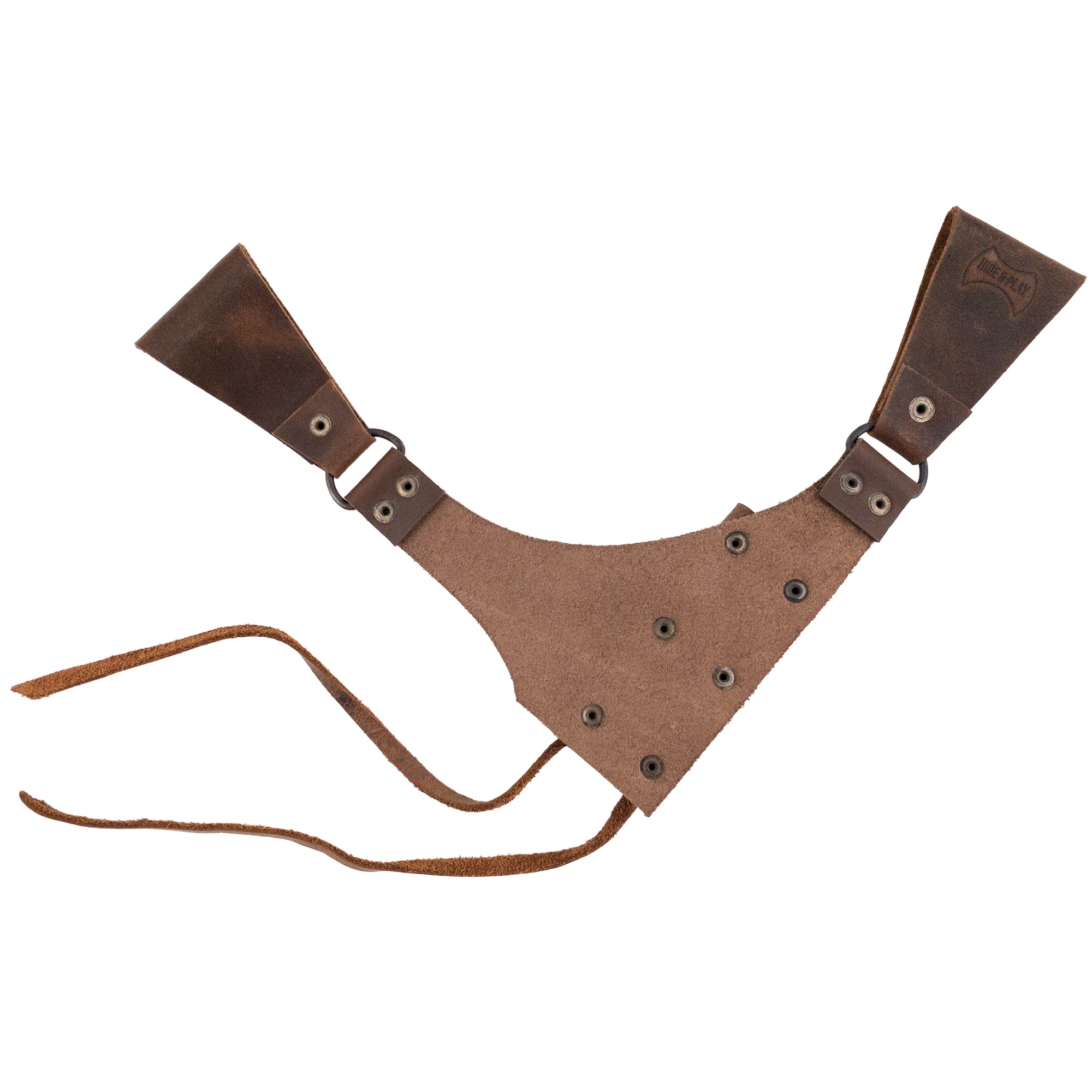 Close-up view of the Dangling Sword Holder by Hide & Play, showcasing the intricate full grain leather design. This fantasy cosplay and historical costume accessory is hand cut and sewn, highlighting the artisan quality and small batch production from La Antigua Guatemala and Oaxaca Mexico.