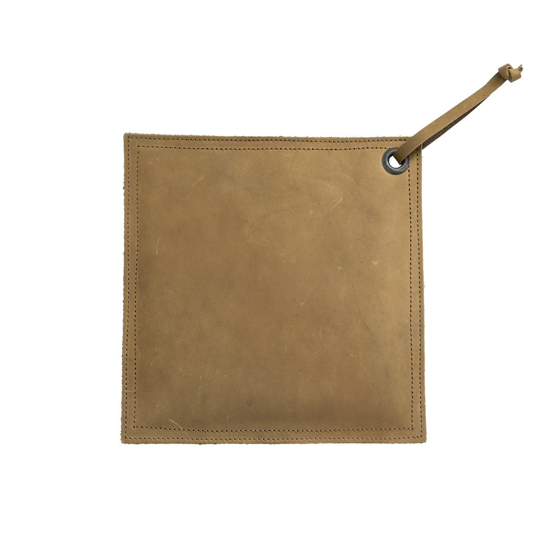 Back view of the Hide & Drink Pot Pad, showcasing its rich olive green leather. This double-layered pot holder is perfect for protecting surfaces from heat.